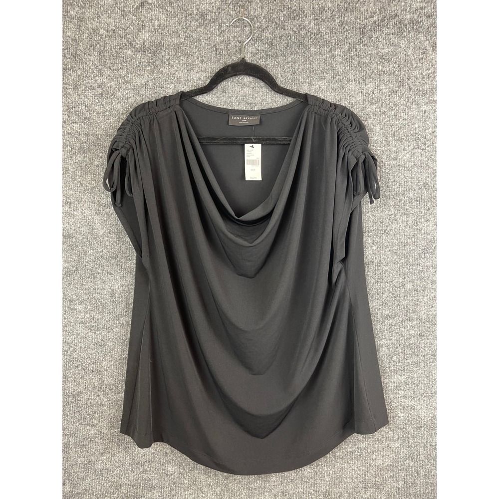 Lane‎ Bryant Cowl Neck Blouse Women 18/20 Black New Ruched Tie Shoulder Top